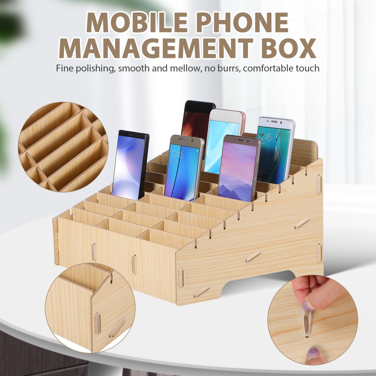 Gogogmee 30 compartment mobile phone storage wooden box organizer for desk cable management and display rack for office and school.