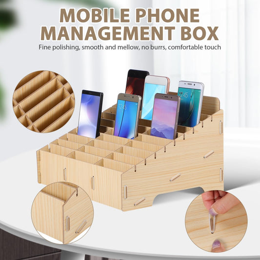 Gogogmee 30 compartment mobile phone storage wooden box organizer for desk cable management and display rack for office and school.