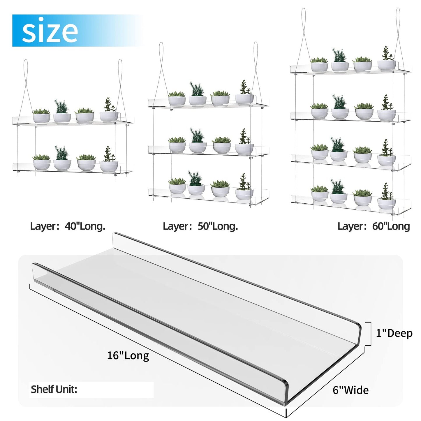 ZerzSemp Hanging Acrylic Plant Shelves for Windows, adjustable height, transparent, hanging indoor window, wall-mounted, plant tray for kitchen, bedroom, for growing herbs.