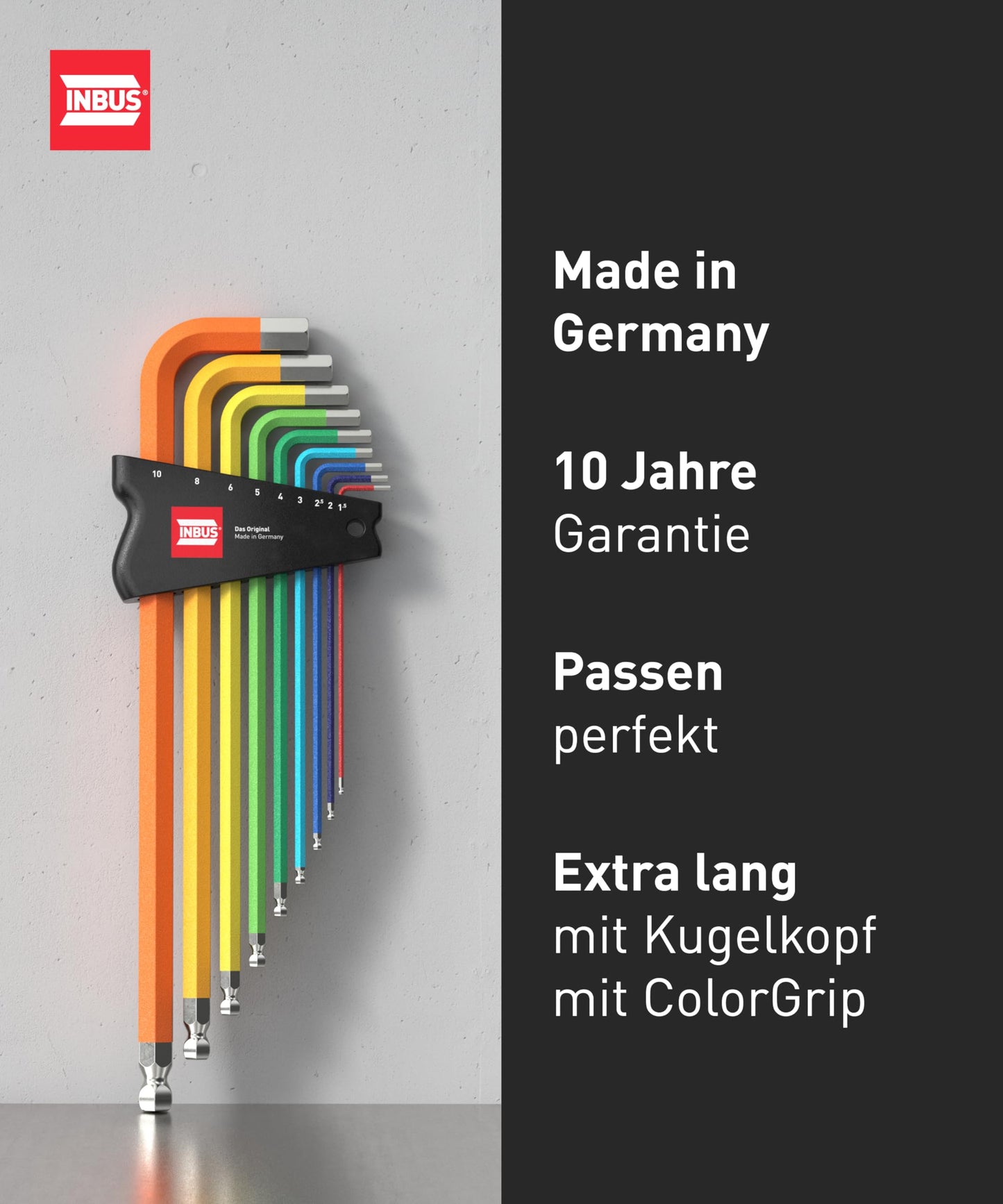 INBUS® 70273 Angle Screwdriver Set 9pcs, 1.5-10mm, with ColorGrip colorful & ball head - Made in Germany