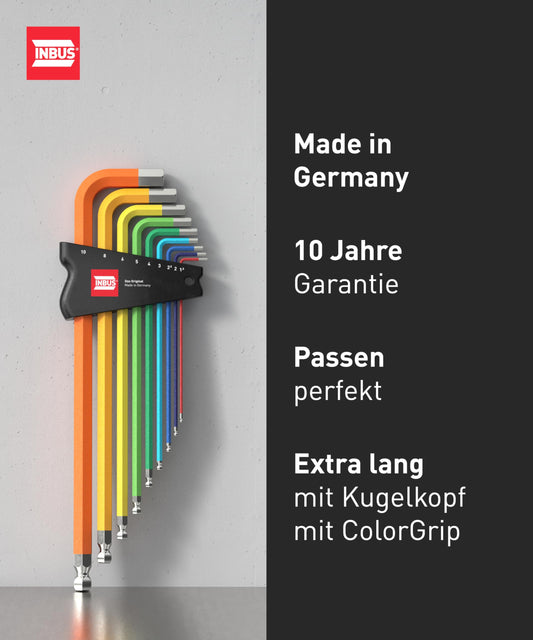 INBUS® 70273 Angle Screwdriver Set 9pcs, 1.5-10mm, with ColorGrip colorful & ball head - Made in Germany