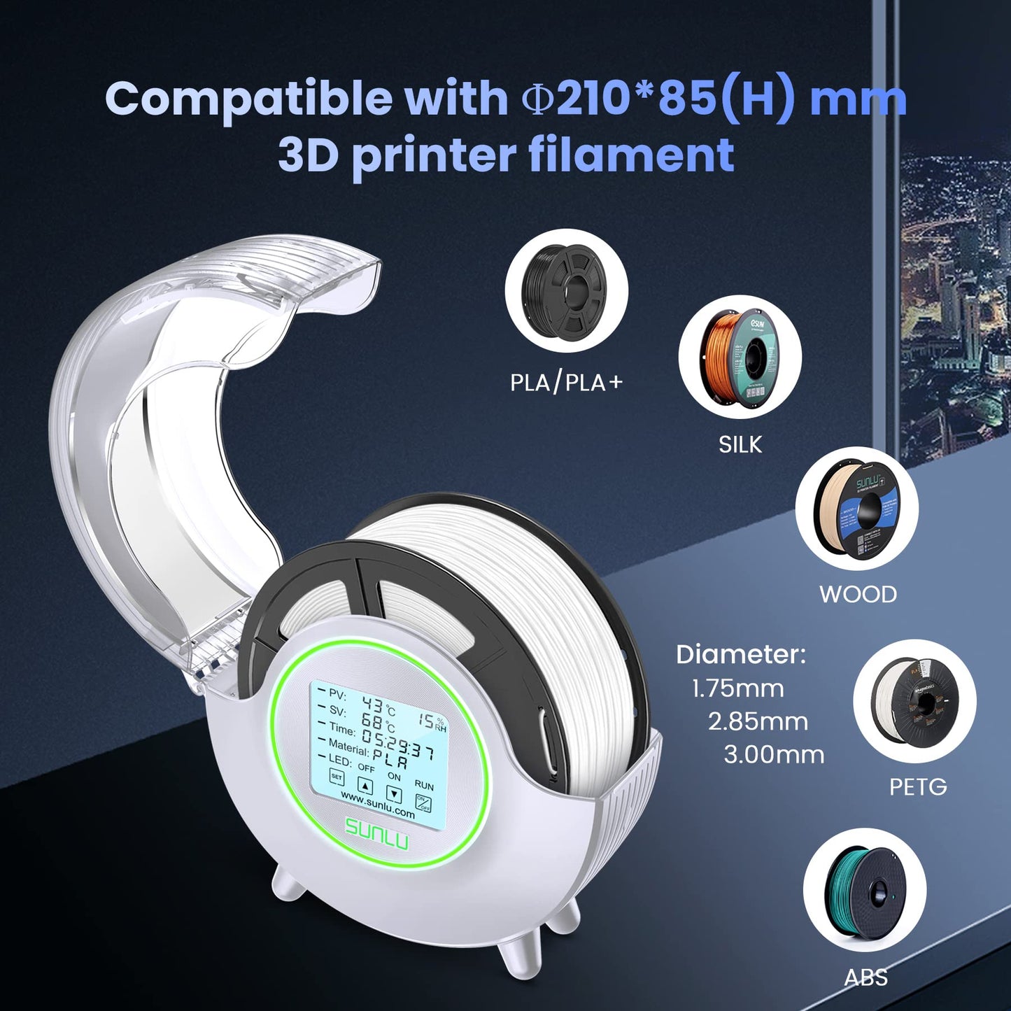 SUNLU Official Filament Dryer S2 with Fan, 360° Surrounding Heating 3D Printer Filament Dryer, 70℃ Max Temperature Efficient Drying, PLA PETG TPU ABS PA PC 3D Filament Dryer Box SUNLU S2, (White)