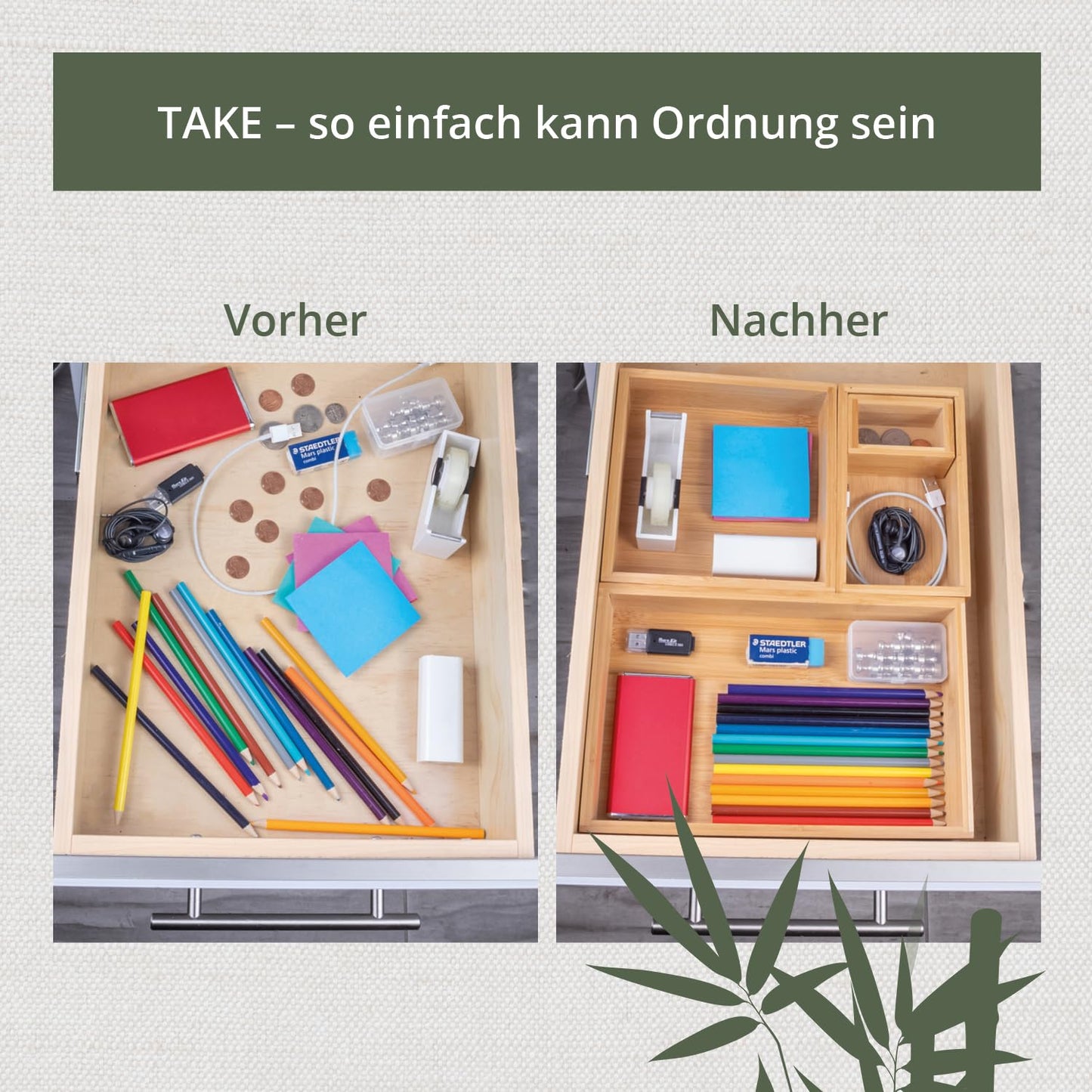TAKE® 6-piece Bamboo Drawer Organizer Set - Boxes in various sizes for kitchen, bathroom & office, vanity drawer organizer, drawer organizer