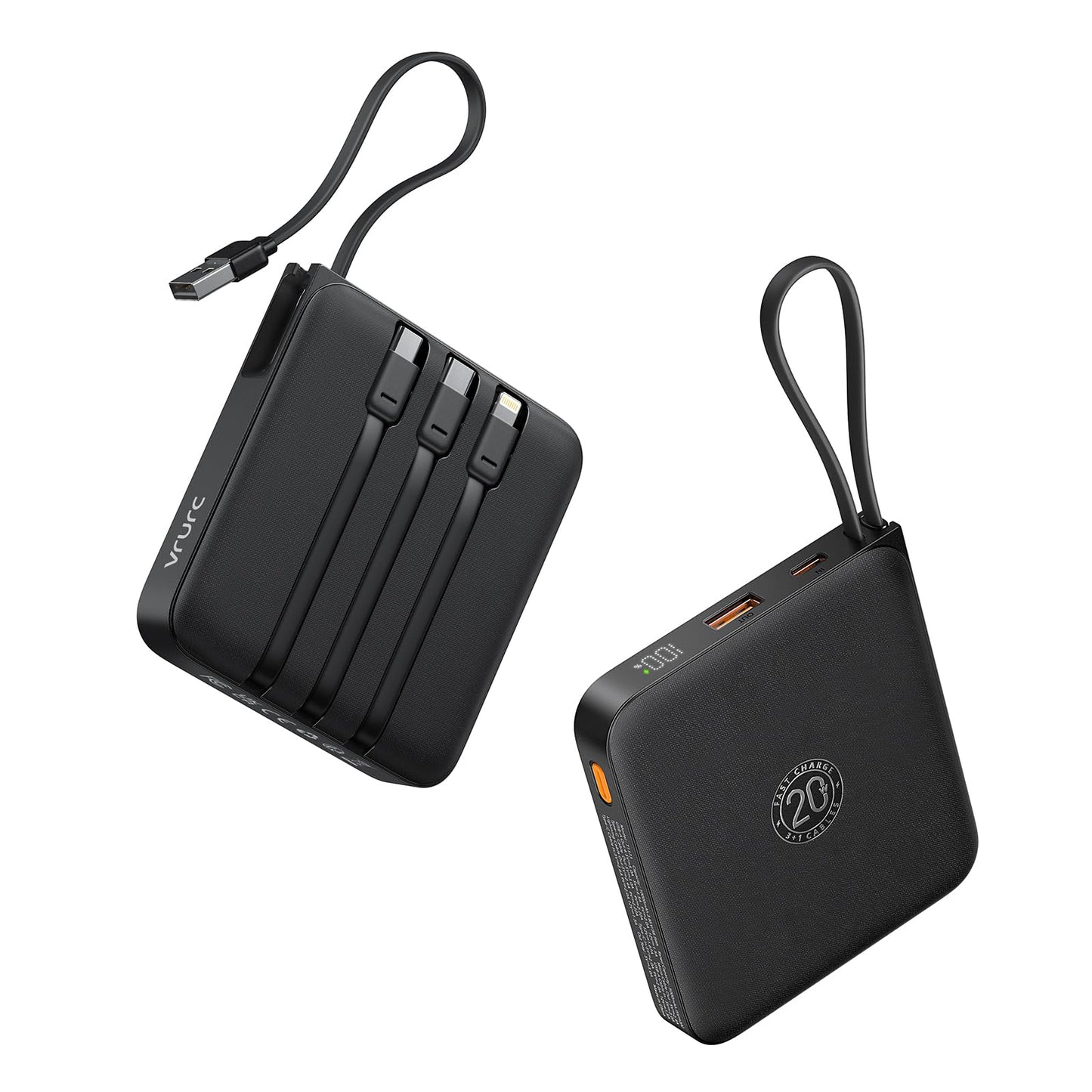 VRURC Power Bank 20000mAh with Cable Small USB C Powerbank Fast Charging Mini Portable Charger External Battery Small and lightweight with 4 outputs 3 inputs LED display for iPhone Huawei Samsung etc.