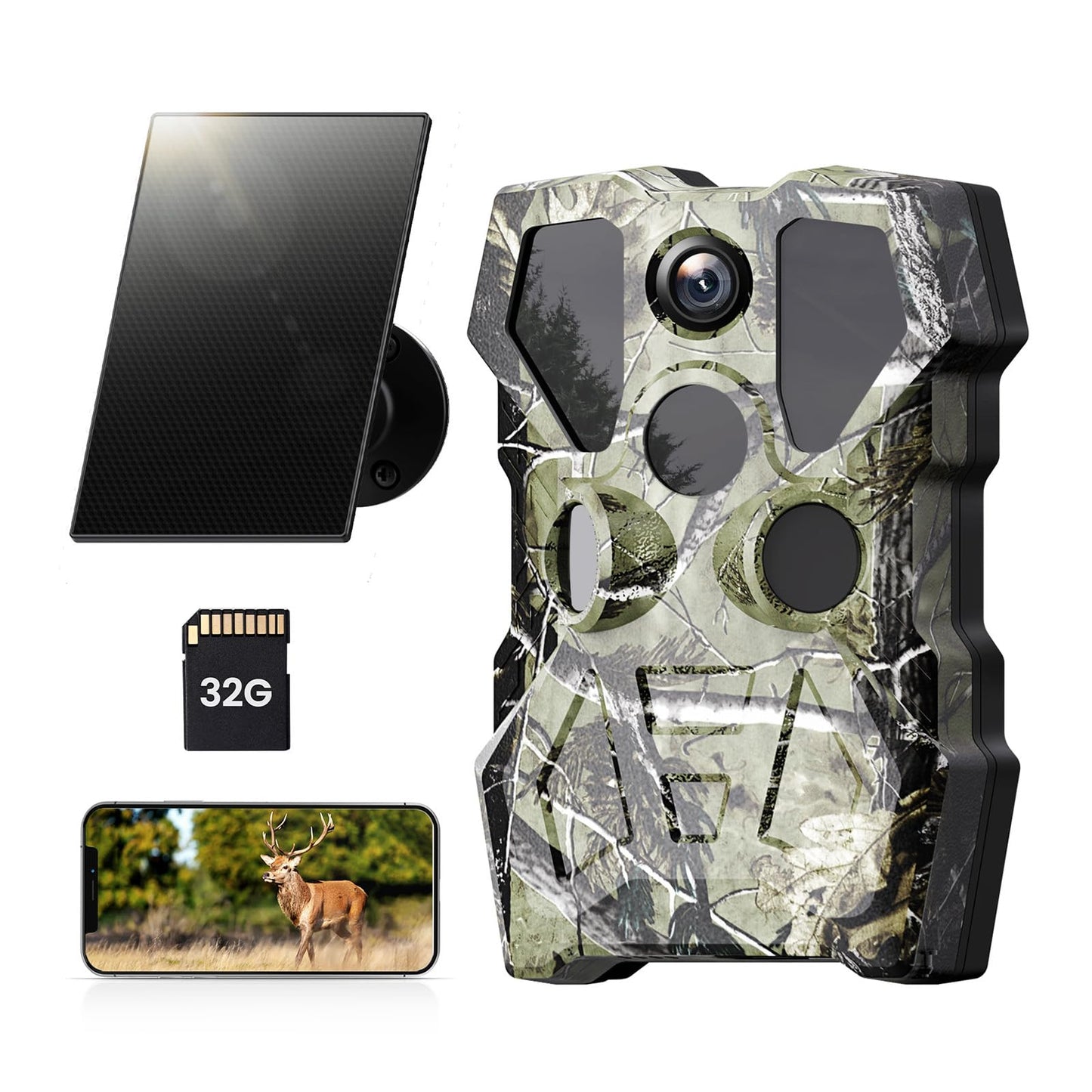 XTU Wildlife Camera with WiFi and cell phone transfer app - 64MP 2.7K Solar Wildlife camera with motion sensor night vision, 30m remote access, 0.2s trigger time 120° detection angle, with 32GB SD card 5600mAh battery