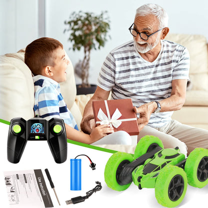 Remote control car, 90 min playtime, 2.4GHz double-sided 360° rotating RC stunt crawler with headlights, 4WD off-road drift RC car toy gifts for boys 6-12 green