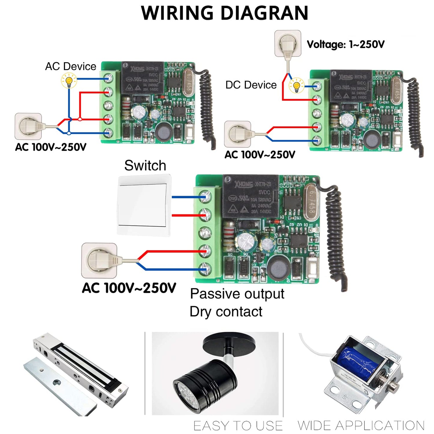 This RC radio remote control switch 220V 230V 1 channel wireless control relay receiver with 5 transmitter keychains potential-free contacts relay controller