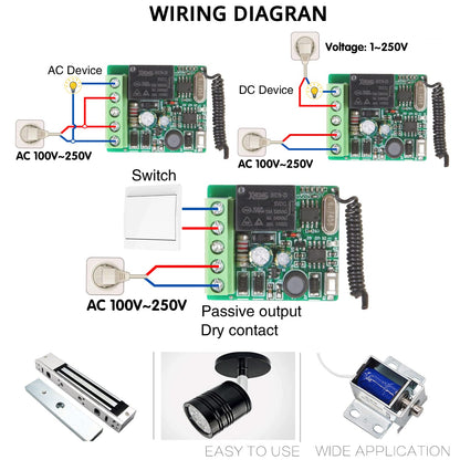 This RC radio remote control switch 220V 230V 1 channel wireless control relay receiver with 5 transmitter keychains potential-free contacts relay controller