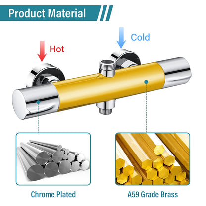 Shower Thermostat Mixer Tap Chrome, Dolinvo Shower Faucet Mixer with 38°C Safety Button & 2 Outlets, Round Shower Thermostat Mixer with Scald Protection & Water Saving Function