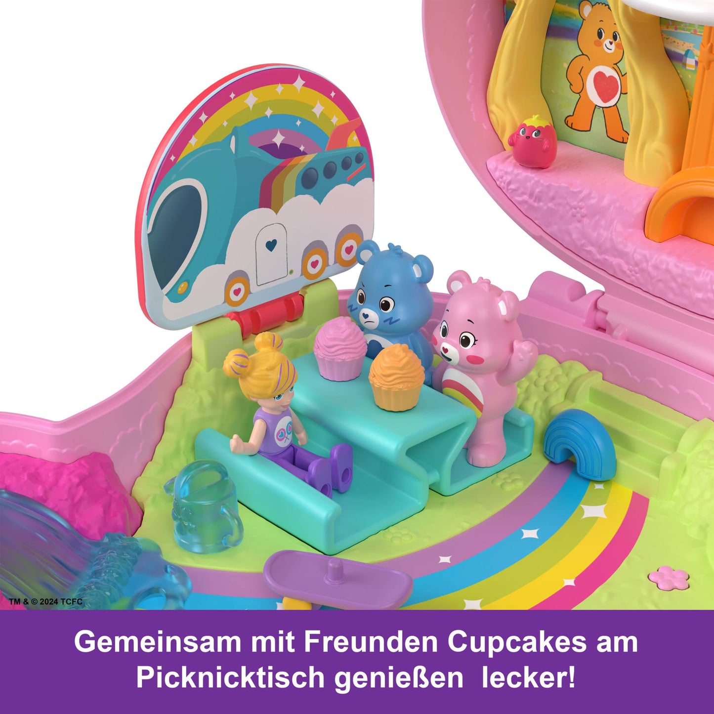 Polly Pocket x Care Bears dolls & playset with toy car and themed accessories, travel-friendly toy, Partnership Case, JCC14.