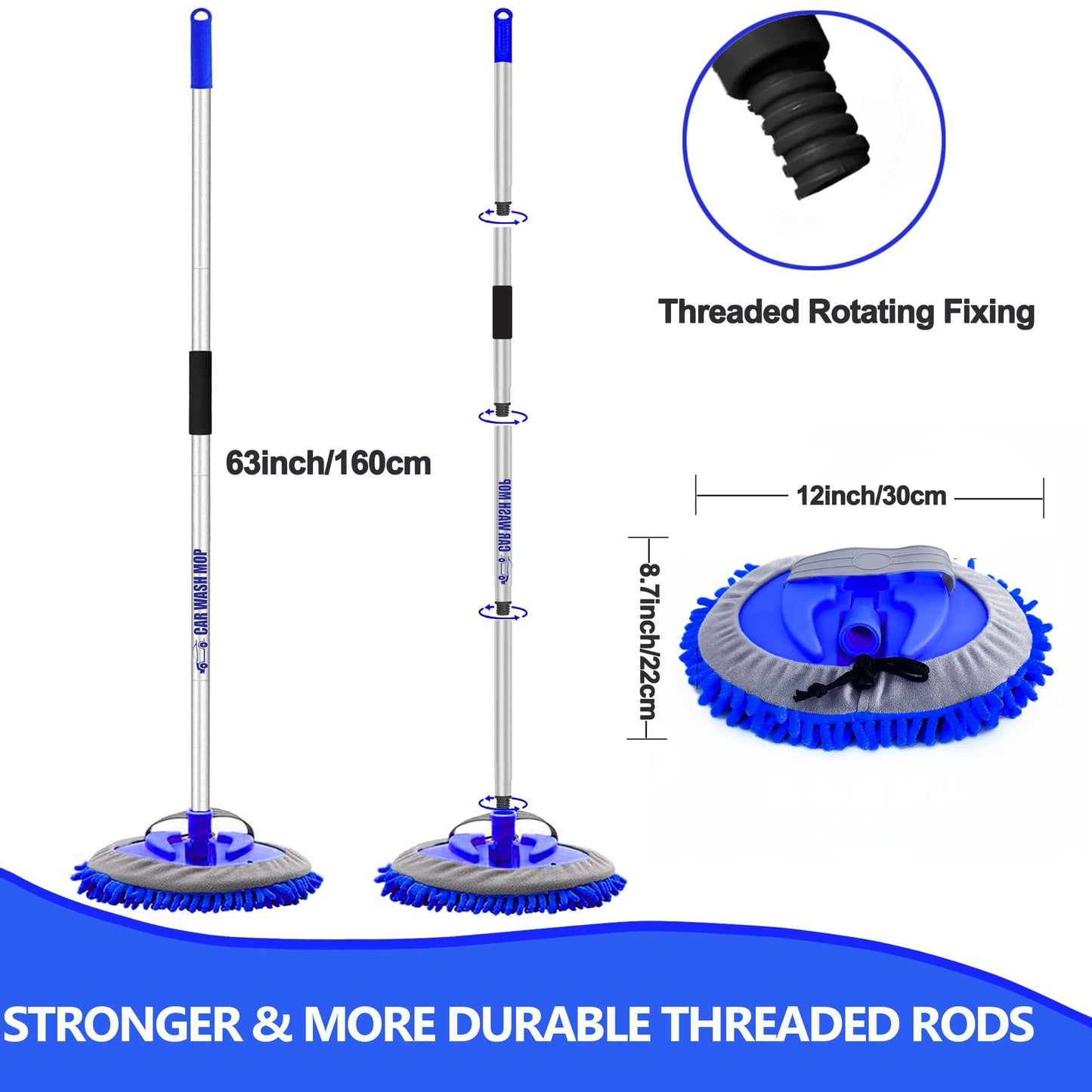 160cm 63" car wash brush with telescopic handle. Brush for motorhome, caravan, truck. Microfiber cleaning brush for car. 2 in 1 anti-scratch telescopic brush. Car brush cleaning set includes 3 replacement mop heads.