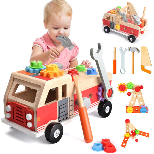 Nauotk Tool Box Children's Workbench, Montessori Wooden Tool Toys for Ages 2 3 4, Kids Tool Cart, Tool Belt Kit Learning Games Gift for Boys Girls 3+ years.