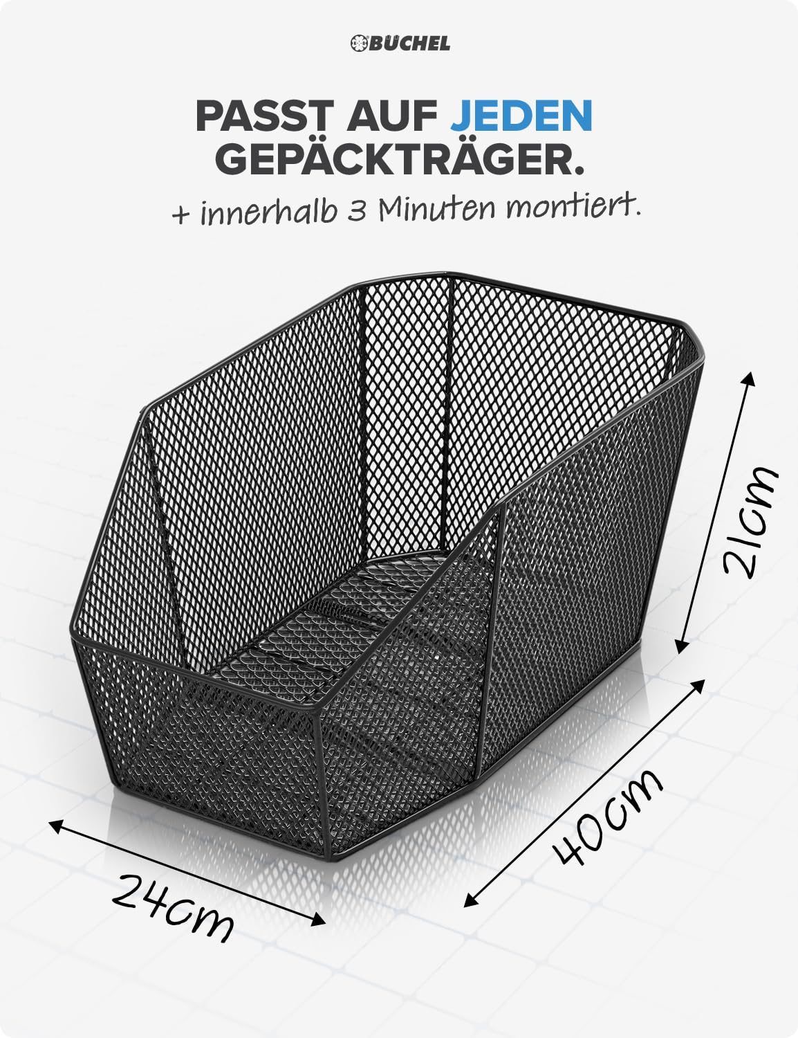 BÜCHEL Rear Bike Basket | XXL Jumbo Pro with mounting material for bicycle luggage rack | up to 10kg load capacity | Bike basket for children's bike