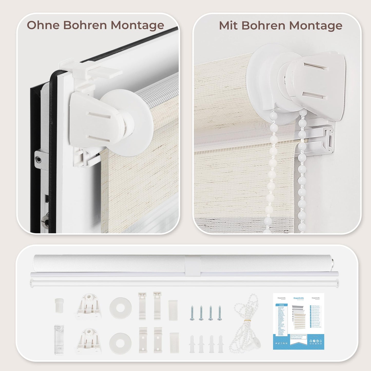 All in one double roller clamp without drilling & with drilling, Duo blinds for windows and doors, clamp roller blind translucent, privacy and sun protection, 85x190cm (WxH), linen
