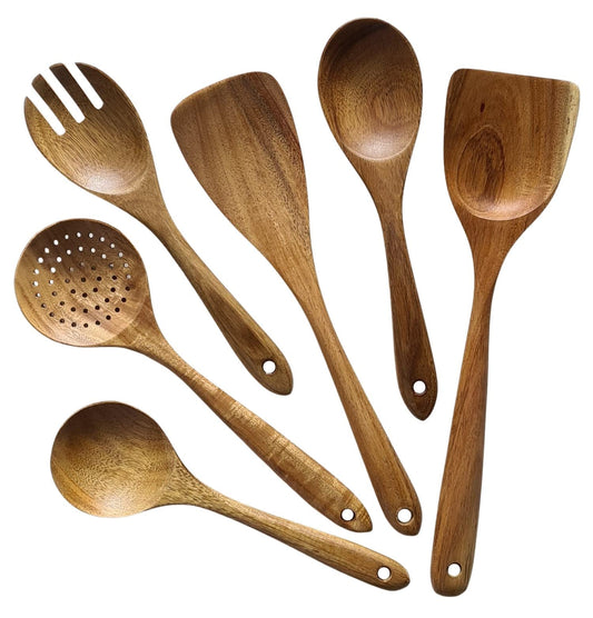 ALEXE® Kitchen Helper Set made of acacia wood, 6 pieces of wooden kitchen utensils set (acacia), Japanese style, scratch-resistant and heat-resistant, wooden cooking spoon set for non-stick pans