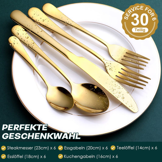 OGORI cutlery set for 6 people, 30 pieces. Mirror-polished gold cutlery set made of 18/10 stainless steel. Includes knives, forks, and spoons for home, parties, or restaurants. Comes in a gift box.