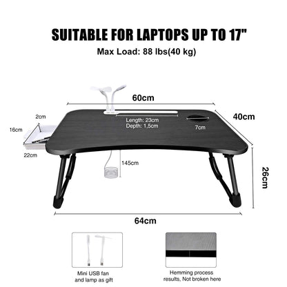 A3A ACADGQ laptop table, foldable laptop bed table, notebook desk with 4 USB charging ports, drawer, pad stand, cup holder, for bed, sofa, floor (60 x 40 cm, black)