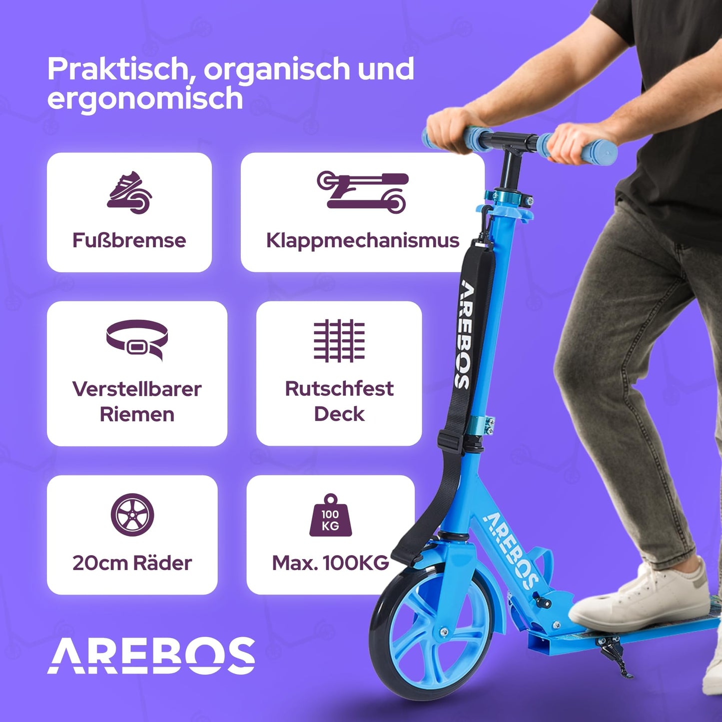 Arebos City Scooter Kick Scooter Blue | Adjustable height | Foldable | Includes carrying strap | XXL wheels | Foot brake | For children and adults | Up to 100kg weight capacity | Kick scooter | Kickscooter