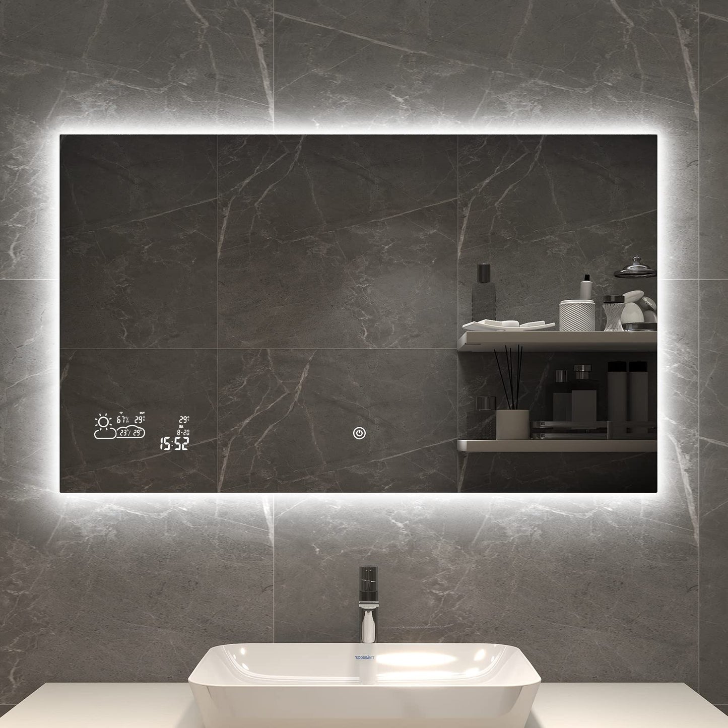 Goodbye cold LED bathroom mirror anti-fog 100x60CM, fog-free bathroom mirror with touch switch, wall mirror light mirror with date, smart mirror & integrated weather station, horizontal.