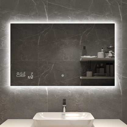 Goodbye cold LED bathroom mirror anti-fog 100x60CM, fog-free bathroom mirror with touch switch, wall mirror light mirror with date, smart mirror & integrated weather station, horizontal.
