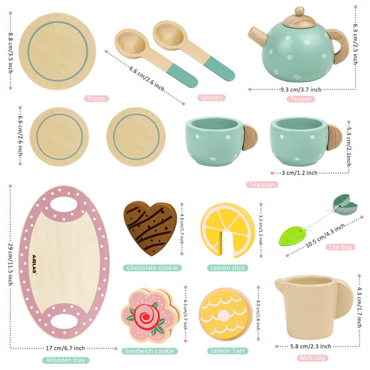 Airlab tea set children's kitchen accessories, wooden toy tea set, tea party play kitchen role play, wooden kitchen games, gift for kids girls boys.