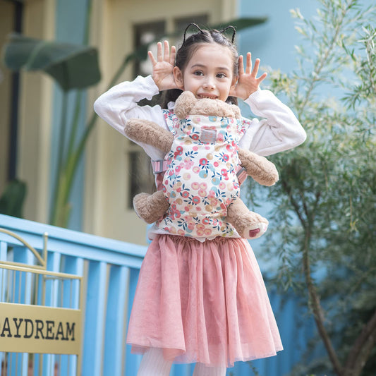 GAGAKU doll carrier, front & back cross shoulder straps, for kids over 3 years old. Made of 100% cotton in pink plum color. Ideal for carrying dolls.