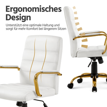 Yaheetech office chair ergonomic desk chair, swivel chair with casters, office stool with armrests, work chair with backrest, executive chair load capacity up to 130kg White/Golden.