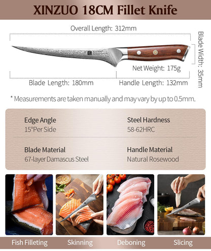 XINZUO 18cm Damascus Steel Fillet Knife, 67 Layers Damascus Fish Knife Professional Chef Knife, Damascus Fish Fillet Boning Knife for Kitchen -Ergonomic Rosewood Handle -with Gift Box