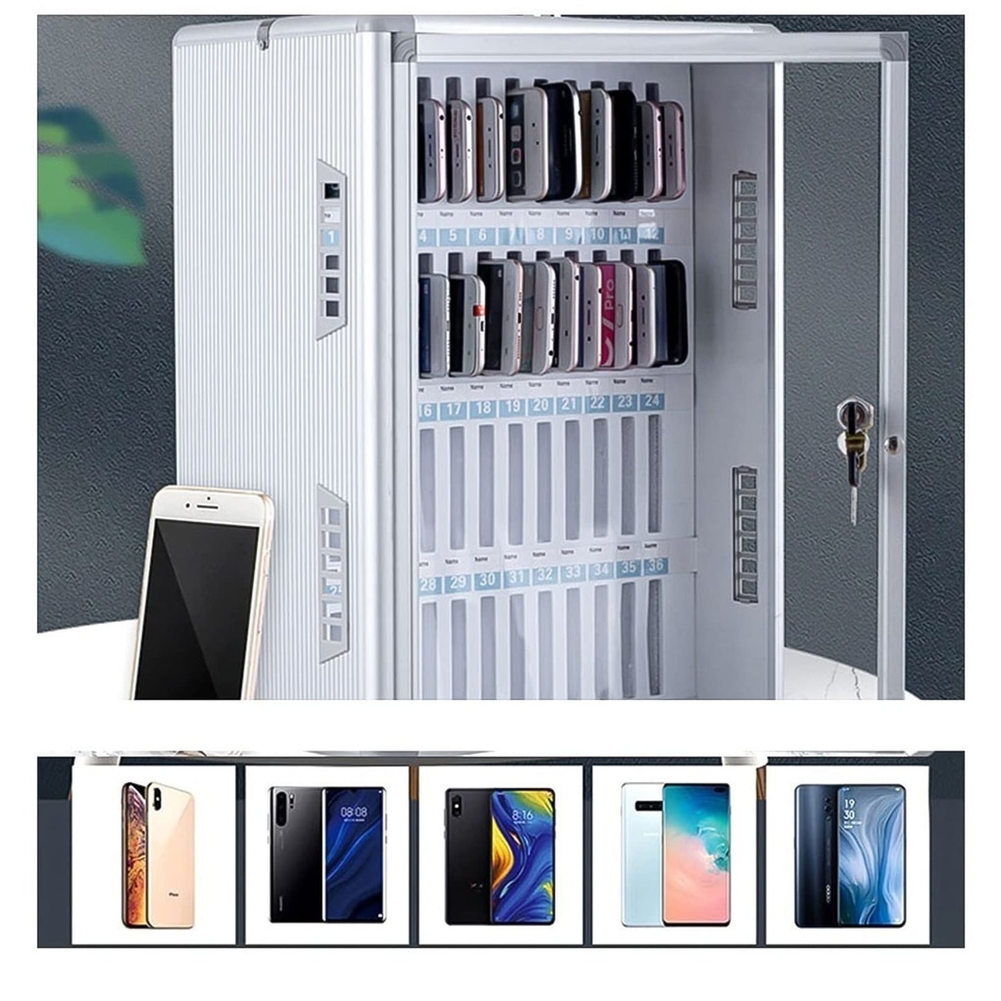 Mobile Safe Metal 12/24/36/48/60 Slots Mobile Transparent Door Lock Box Factory School Mobile Storage Cabinet (Color: 24)