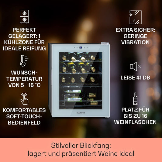 Klarstein Shiraz wine cooler freestanding, small beverage cooler for wine, prosecco & beer, 1-zone wine cooler with glass door & touch control panel, compact fridge, 5-18°C, 16 bottles