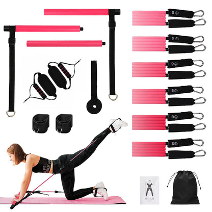 Adjustable Pilates Bar Kit with 6 resistance bands foam handle ankle straps and door anchor for legs hips portable fitness equipment for home for yoga Pilates Stretch shaping Rose