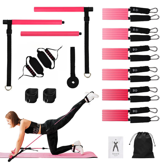 Adjustable Pilates Bar Kit with 6 resistance bands foam handle ankle straps and door anchor for legs hips portable fitness equipment for home for yoga Pilates Stretch shaping Rose