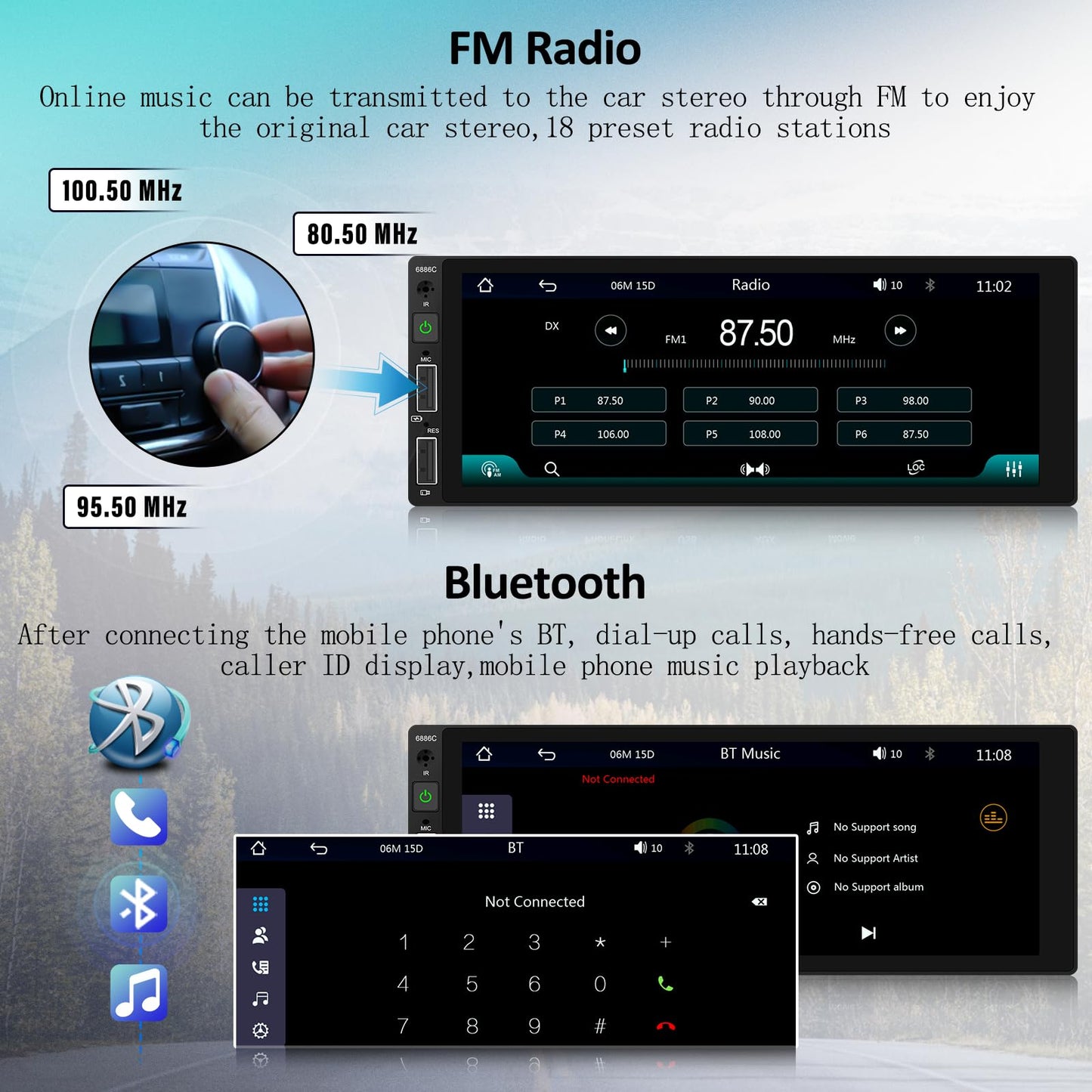 Single-Din car stereo with wireless Carplay, Android Auto, Bluetooth, 6.8-inch touchscreen, Mirror Link, AUX/USB/FM Radio, EQ, SWC, rear view camera, remote control, and microphone.