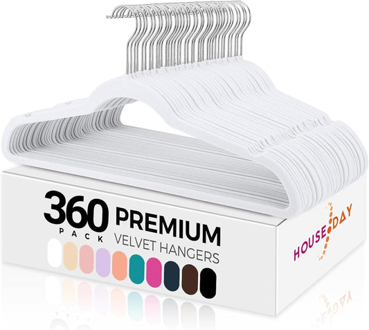 HOUSE DAY White Clothes Hangers 360 Pack, Velvet Hangers Non Slip Felt Hangers - Space Saving, Premium White Suit Hangers, 360° Rotating Hook