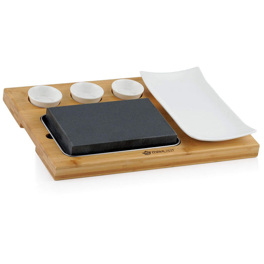 Meal Lava Stone Set (7 pieces) | Set with hot stone, plate, and dip bowls on practical wooden board | Steak Stone, Hot Stone Steak, Grill Stone