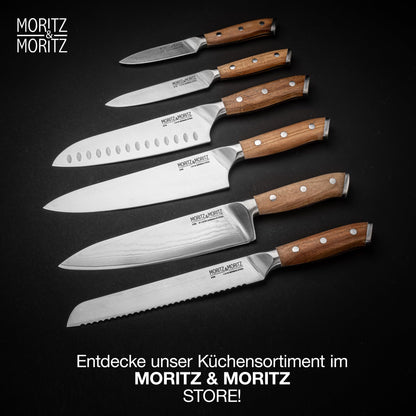 Moritz & Moritz Santoku Knife 18 cm - Professional chef's knife in Japanese style with extra sharp blade - Kitchen knife for meat, sushi etc. - Ergonomic acacia wood handle - German knife steel