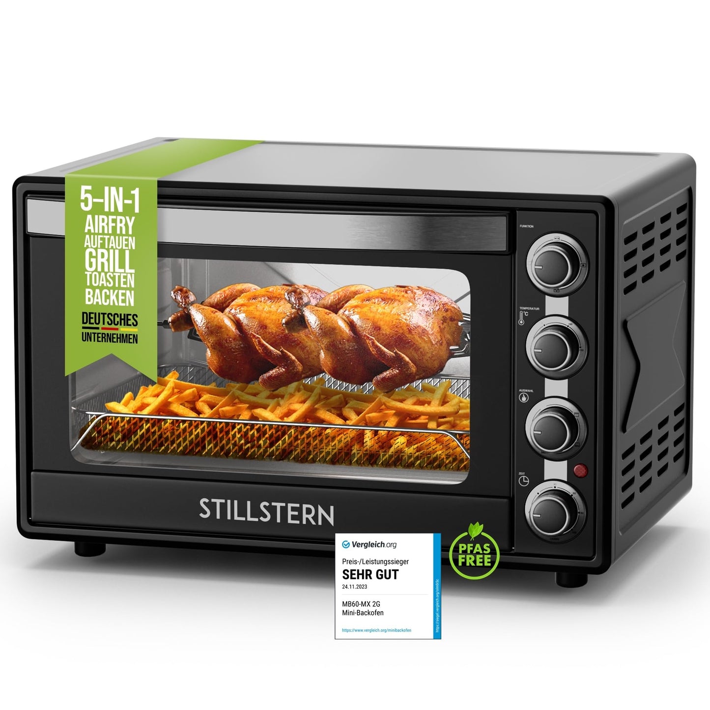 Stillstern Mini Oven with Fan 60L (DE Version) Pizza Ø40, CYCLONE PRO+ Non-Stick Coating, Defrost, 2h Timer, Camping Mini Fan Oven Pizza Oven Mini Oven Small Rotisserie Chicken Grill with Rotisserie.