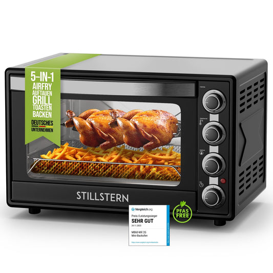 Stillstern Mini Oven with Fan 60L (DE Version) Pizza Ø40, CYCLONE PRO+ Non-Stick Coating, Defrost, 2h Timer, Camping Mini Fan Oven Pizza Oven Mini Oven Small Rotisserie Chicken Grill with Rotisserie.