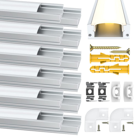 Angdarun LED profile, 12 pieces x 1M U-shape LED aluminum profile channel, for LED strip, with frosted white end caps, mounting clips, and corner connectors.