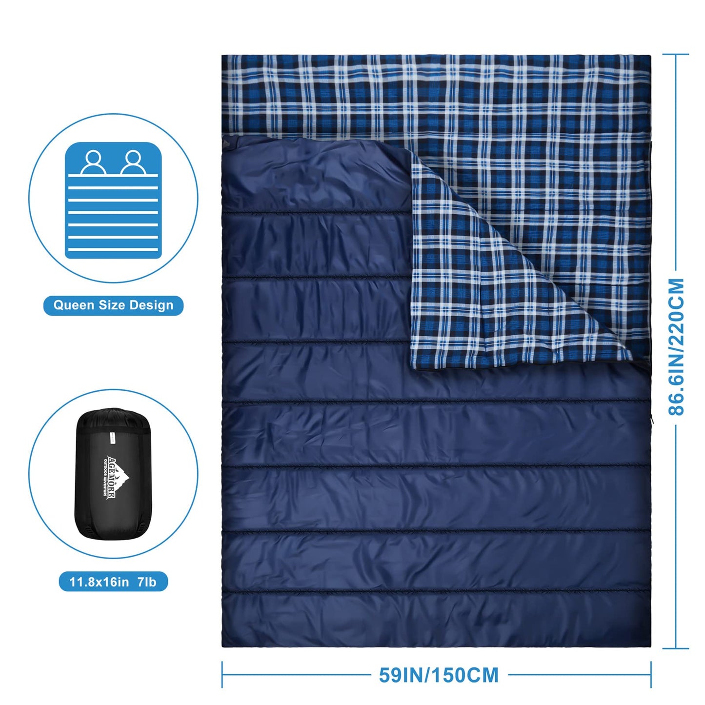 Cotton flannel double sleeping bag for camping, hiking, or trekking. Queen size 2 person waterproof sleeping bag for adults or teenagers. Lightweight sleeping bag for 2.