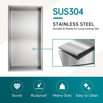APPASO Stainless Steel Shower Niche, Double Shower Shelf, Bathroom Storage for Soap Bottles Toiletries, Recessed Shower Niche 60 * 30 * 10cm, Brushed.
