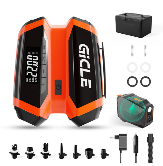 GICLE rechargeable electric SUP pump with portable power bank, 22 PSI high pressure battery paddle board pump for inflatable paddleboard, boat, tent, kayak.