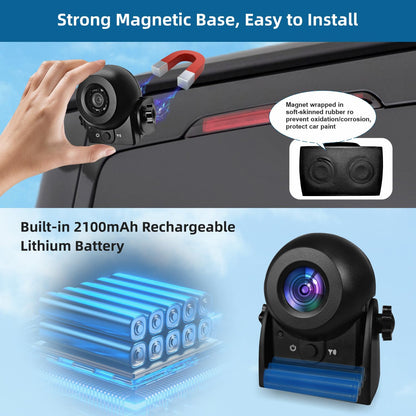 Uzone wireless rearview camera with night vision, IP68 waterproof, magnetic, WiFi, smartphone app for iPhone and Android. Wireless rearview camera with rechargeable battery for RV, hitch, horse trailer.
