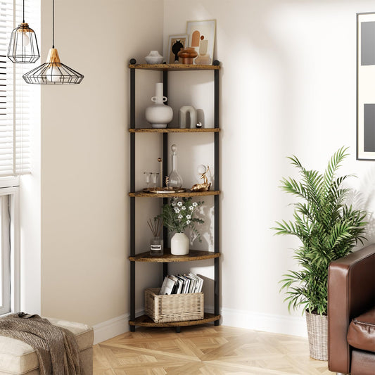 Ruichang 5-tier standing corner shelf, wooden bookshelf, storage rack for kitchen, bathroom, living room, office. Dimensions 143.5 x 29 x 29 cm, black color.