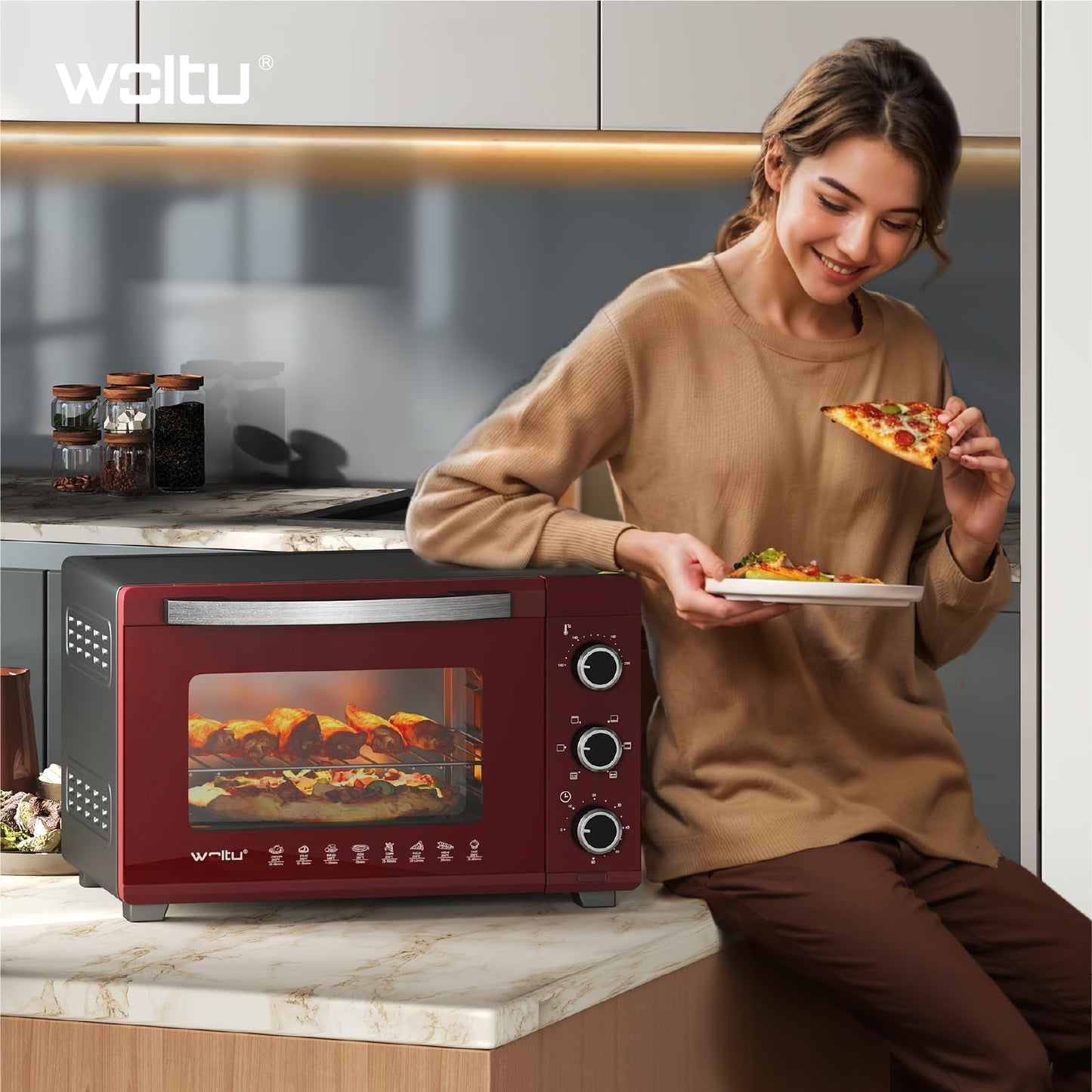 WOLTU Mini Oven, Pizza Oven 32 L, 1600 W, 100-230 °C, 0-60 Min. Timer, 5 Heating Modes, Double Glass Door, with Rotisserie, Baking Tray, Grill Rack, Crumb Tray, Grid Handle, Black+Red