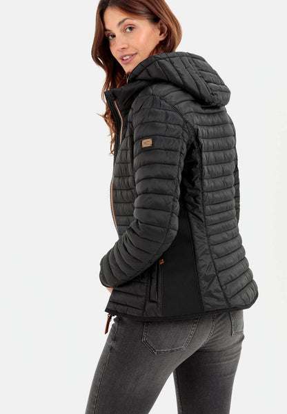 camel active women's lightweight quilted jacket with removable hood in black, size 44.
