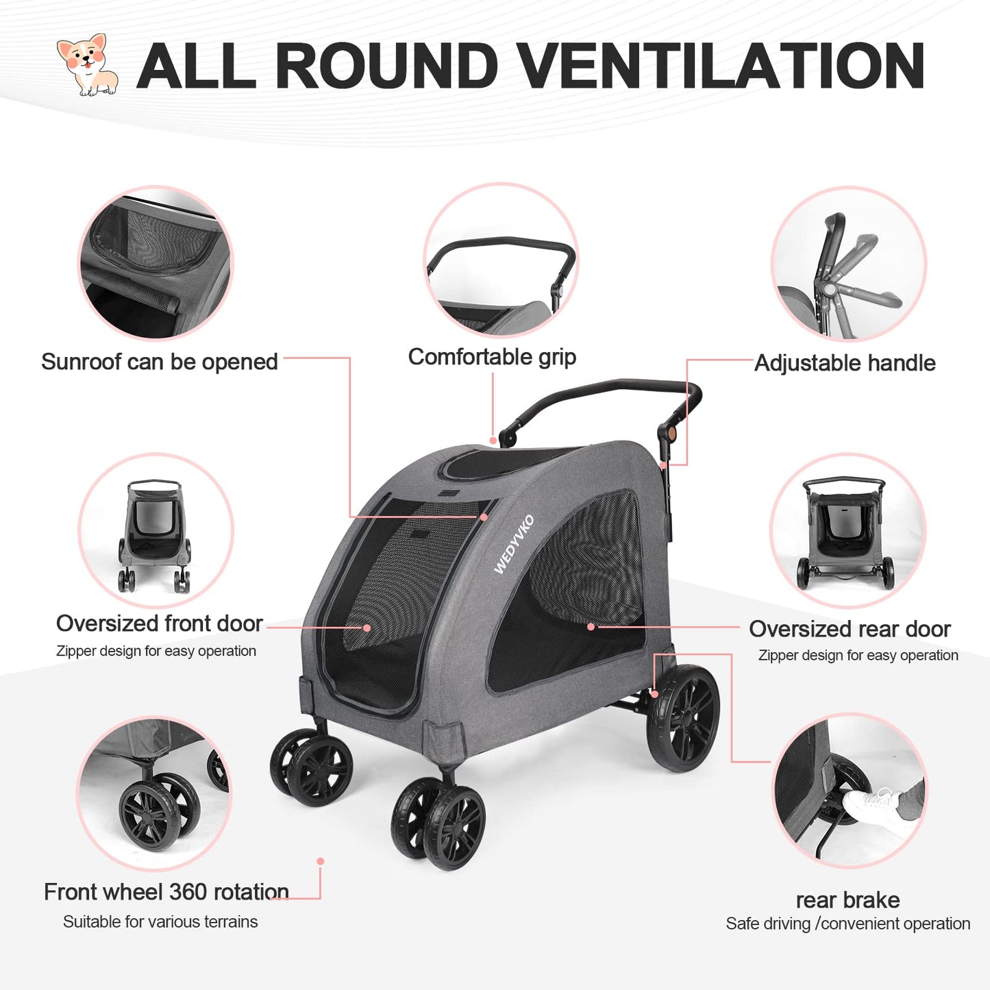 Virzen Pet Stroller 4 Wheels, Foldable Dog Stroller, Dog Buggy Pet Stroller with Mesh Windows, Pets Buggy Capacity up to 54kg for medium and large pets (Grey 2)