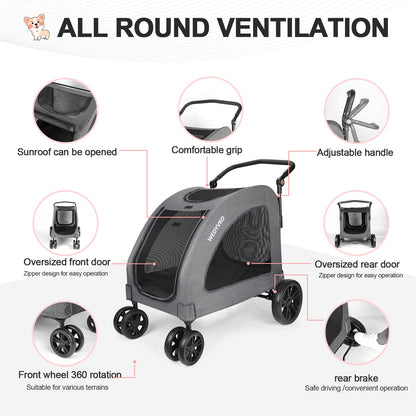 Virzen Pet Stroller 4 Wheels, Foldable Dog Stroller, Dog Buggy Pet Stroller with Mesh Windows, Pets Buggy Capacity up to 54kg for medium and large pets (Grey 2)
