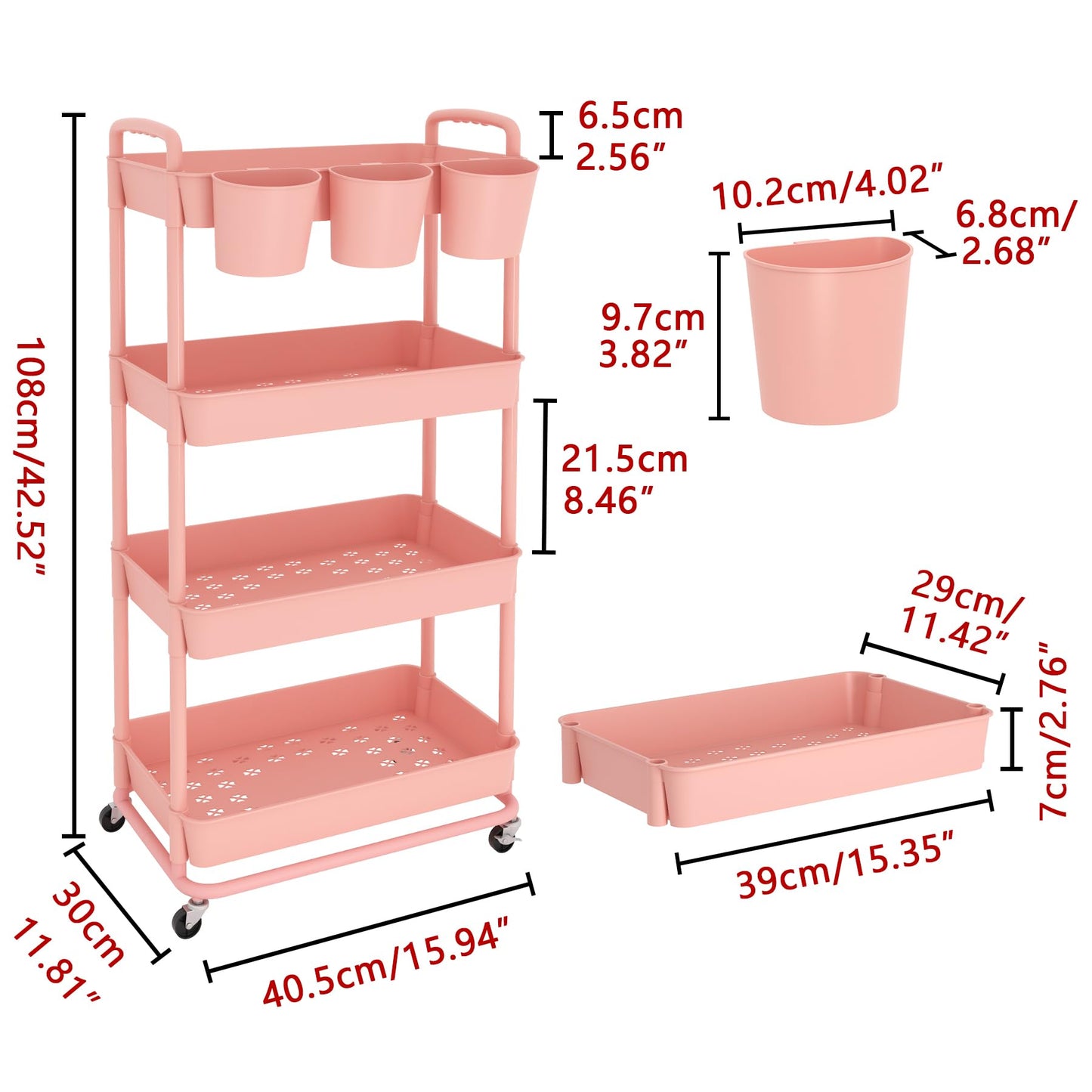 JIUYOTREE 4-tier plastic rolling cart with additional hanging handles, locking wheels for living room, bathroom, kitchen, office, Pink.