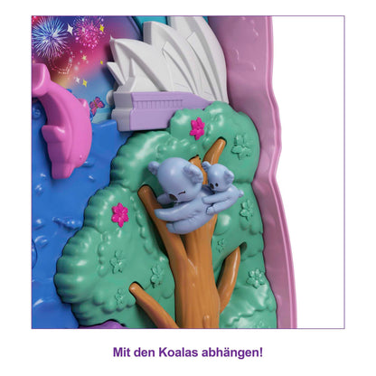 Polly Pocket carrying case, Koala Bear in animal adventure theme, includes 2 dolls, 5 animals, and 1 car, interactive features for immersive play, toy for ages 4 and up, GXC95.